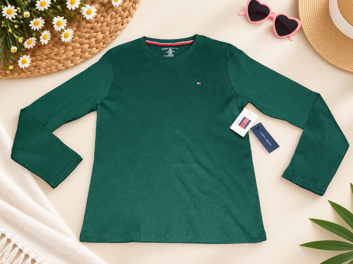 NWT Tommy Hilfiger Men’s Green Ribbed Long-Sleeve Crewneck Top