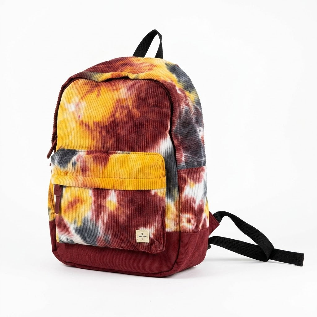 Retro Tie-Dye Corduroy Backpack – Multi-Color Earth Tone Daypack