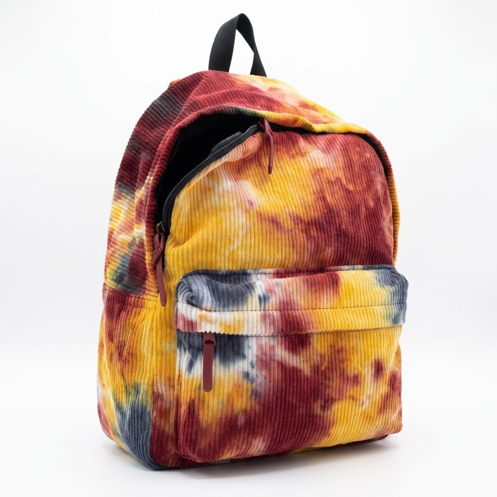 Retro Tie-Dye Corduroy Backpack – Multi-Color Earth Tone Daypack