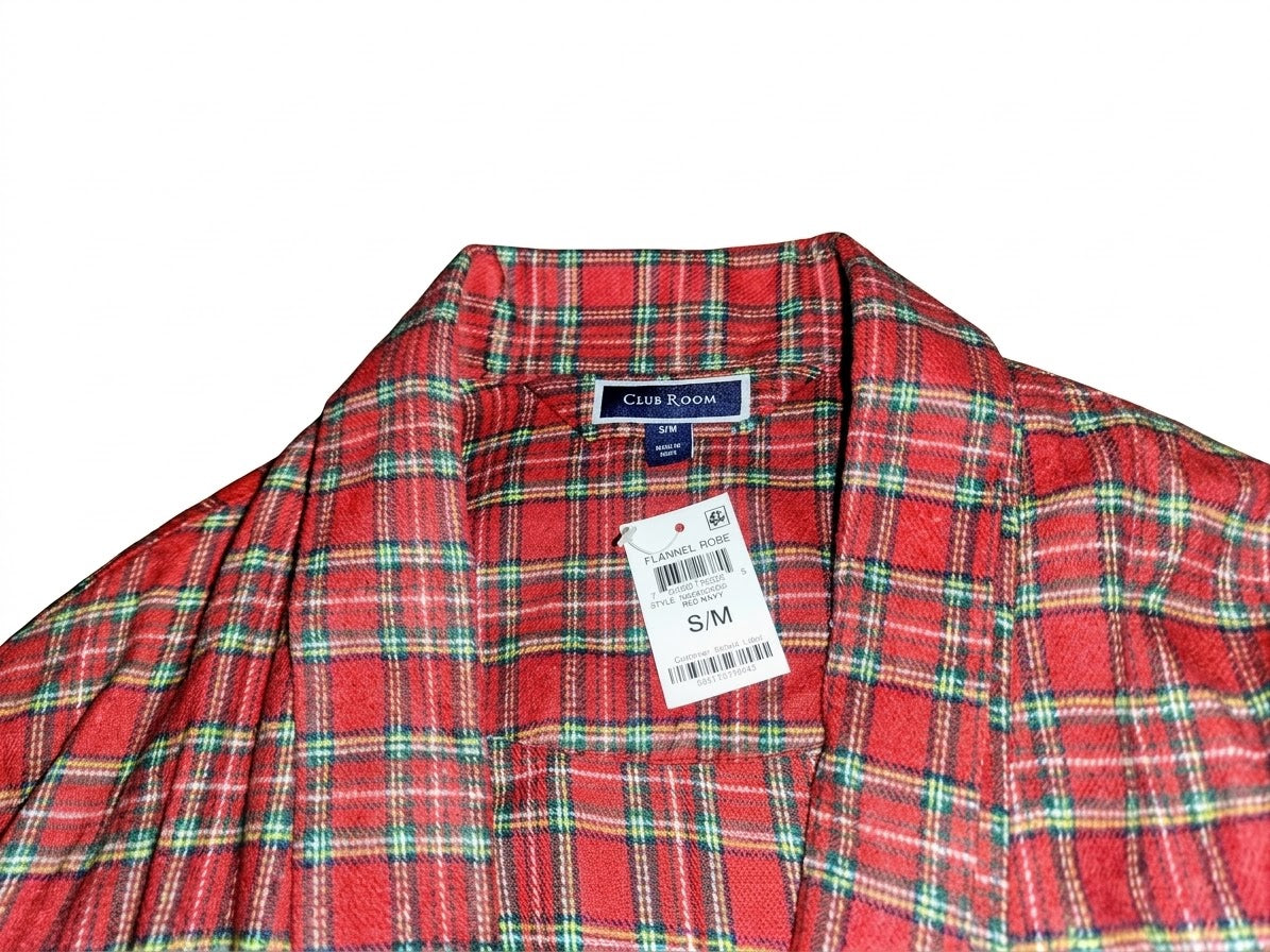 Club Room Men's Classic Plaid Flannel Belted Pajama Robe – Red Multi
