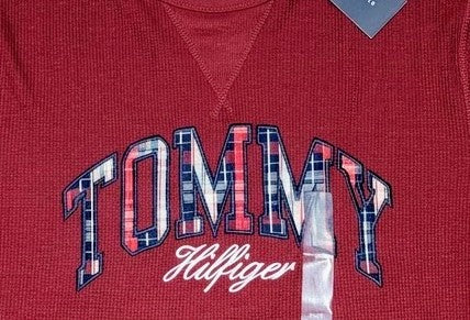 NWT Tommy Hilfiger Men’s Waffle Knit Thermal Long Sleeve Shirt – Burgundy / Maroon Plaid Logo