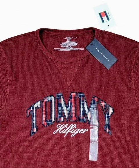 NWT Tommy Hilfiger Men’s Waffle Knit Thermal Long Sleeve Shirt – Burgundy / Maroon Plaid Logo