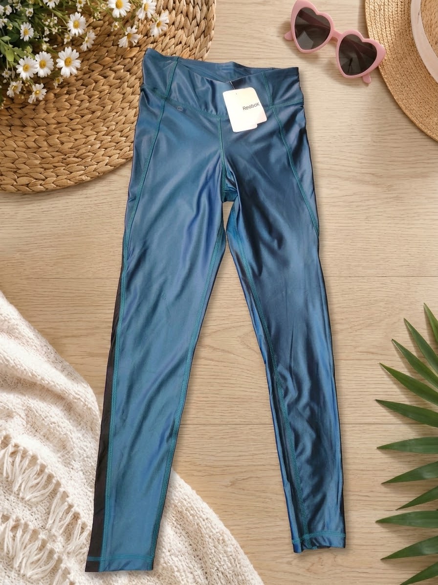 Reebok Women's High-Rise Metallic Colorblock Leggings – Shiny Teal / Black
