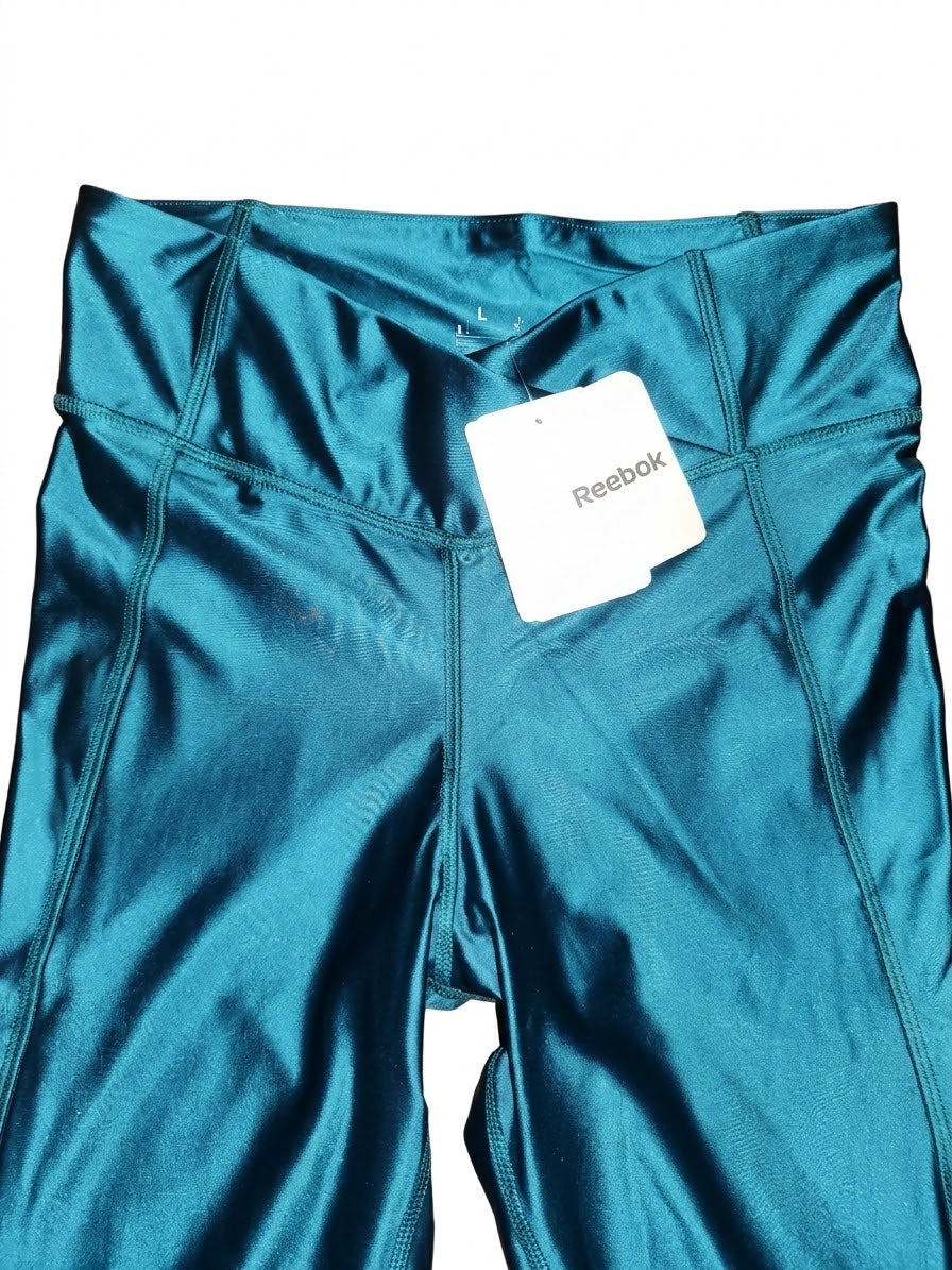Reebok Women's High-Rise Metallic Colorblock Leggings – Shiny Teal / Black