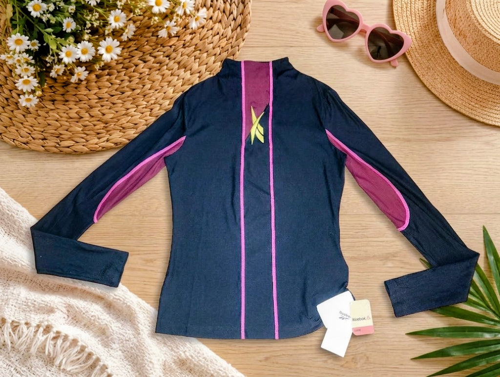 Reebok Women's Long-Sleeve Mock Neck Athletic Top – Black with Magenta & Neon Yellow SIze Small