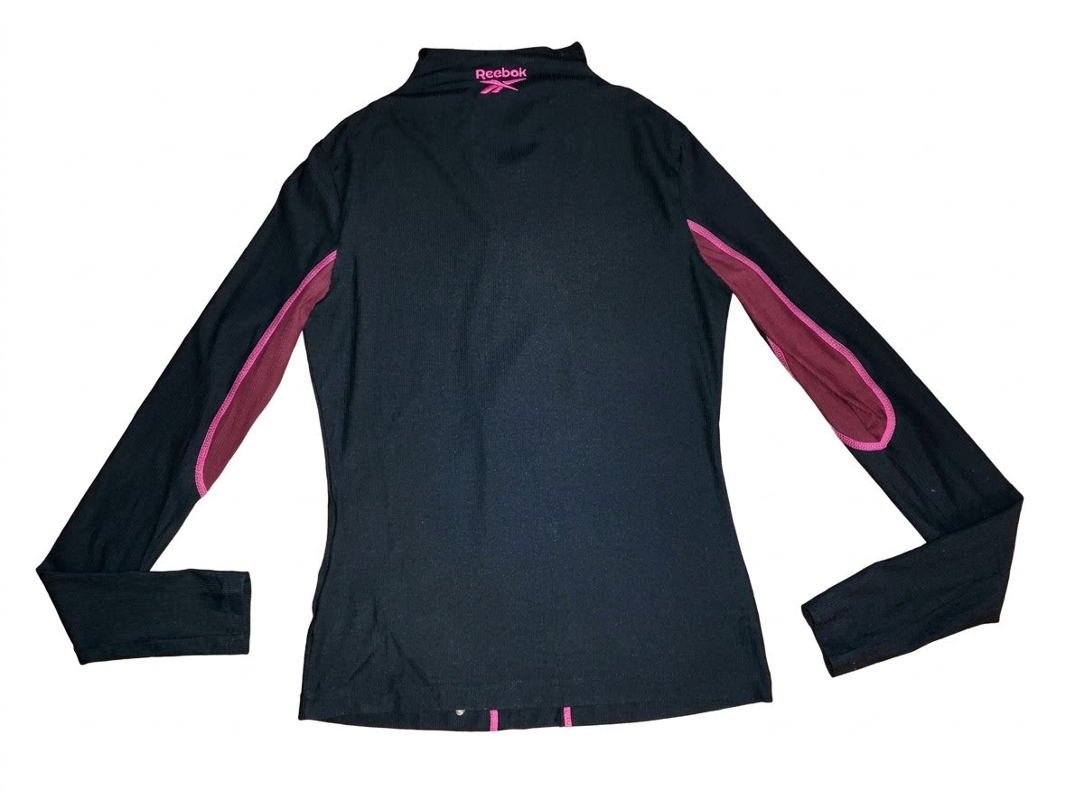 Reebok Women's Long-Sleeve Mock Neck Athletic Top – Black with Magenta & Neon Yellow SIze Small
