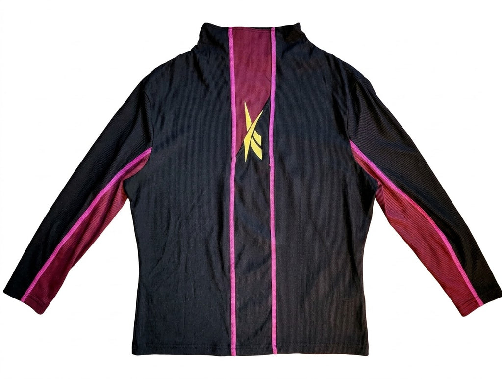 Reebok Women's Long-Sleeve Mock Neck Athletic Top – Black with Magenta & Neon Yellow SIze Small