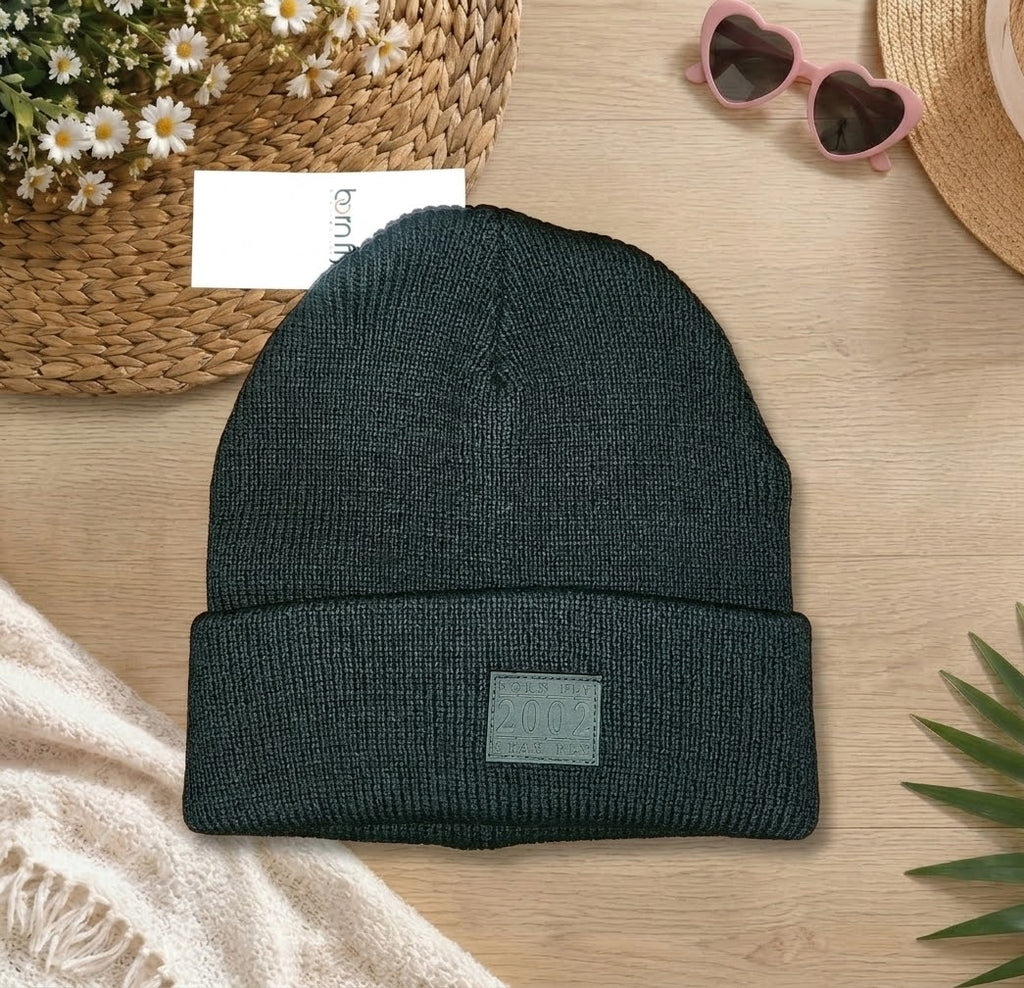 Born Fly Knit Beanie Hat Black Cuffed Winter Cap NWT