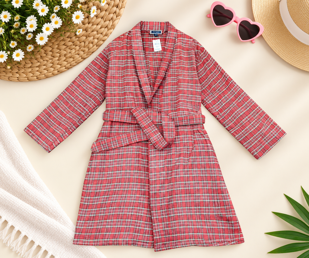 Club Room Men's Classic Plaid Flannel Belted Pajama Robe – Red Multi