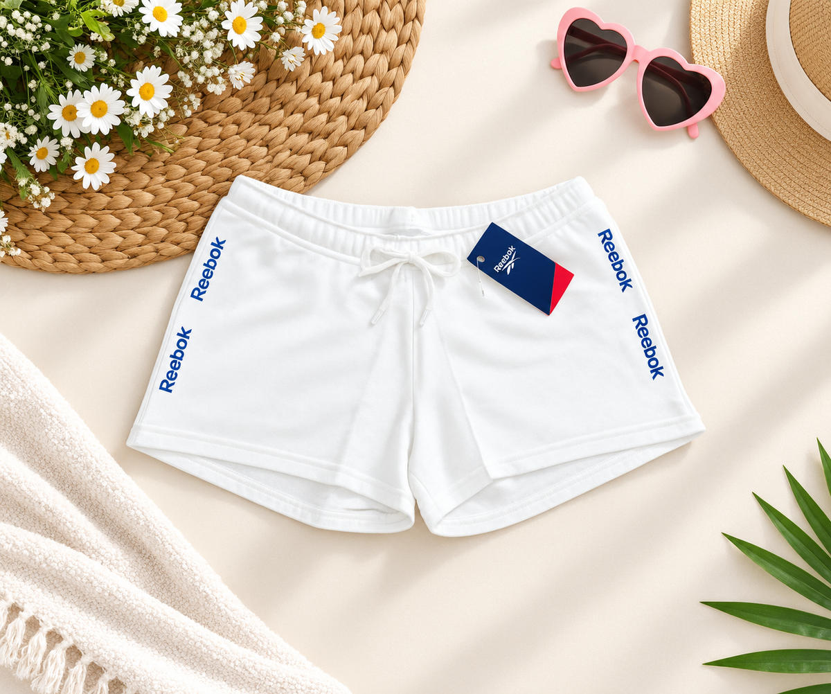 Reebok Women’s Side-Logo Athletic Mini Shorts with Drawstring