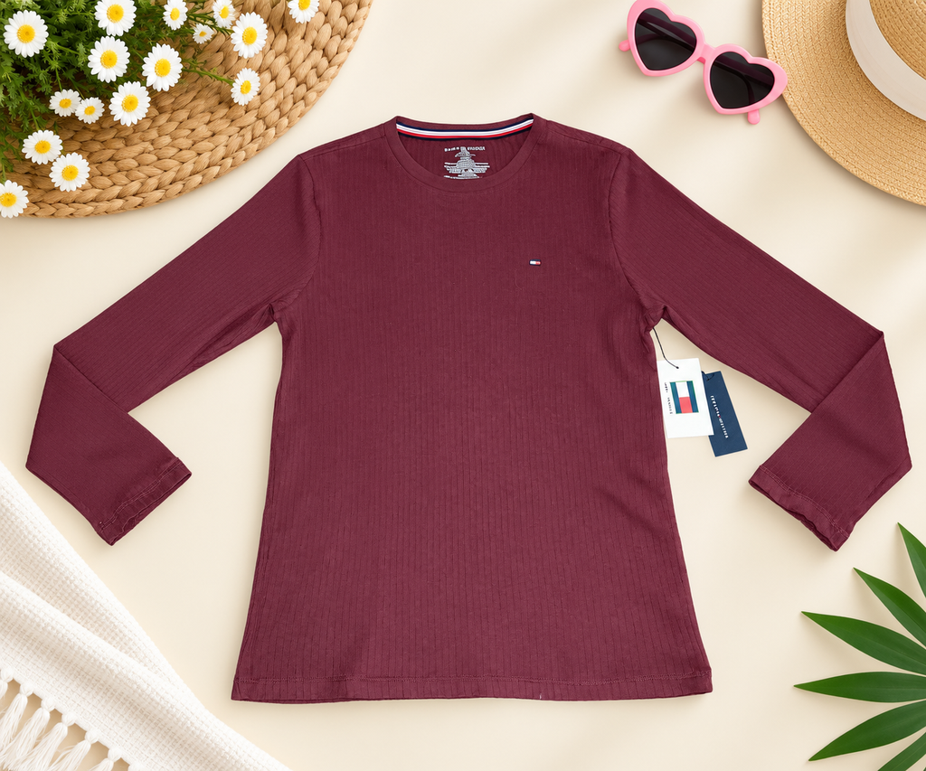 NWT Tommy Hilfiger Men's Ribbed Long-Sleeve Thermal Crewneck Shirt – Burgundy / Maroon