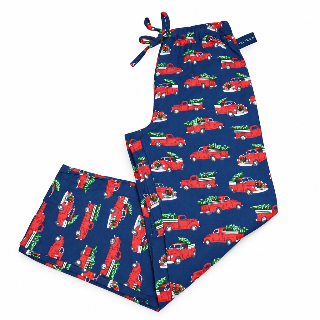 Club Room Men's Festive Red Truck & Christmas Tree Flannel Pajama Pants – Navy Blue