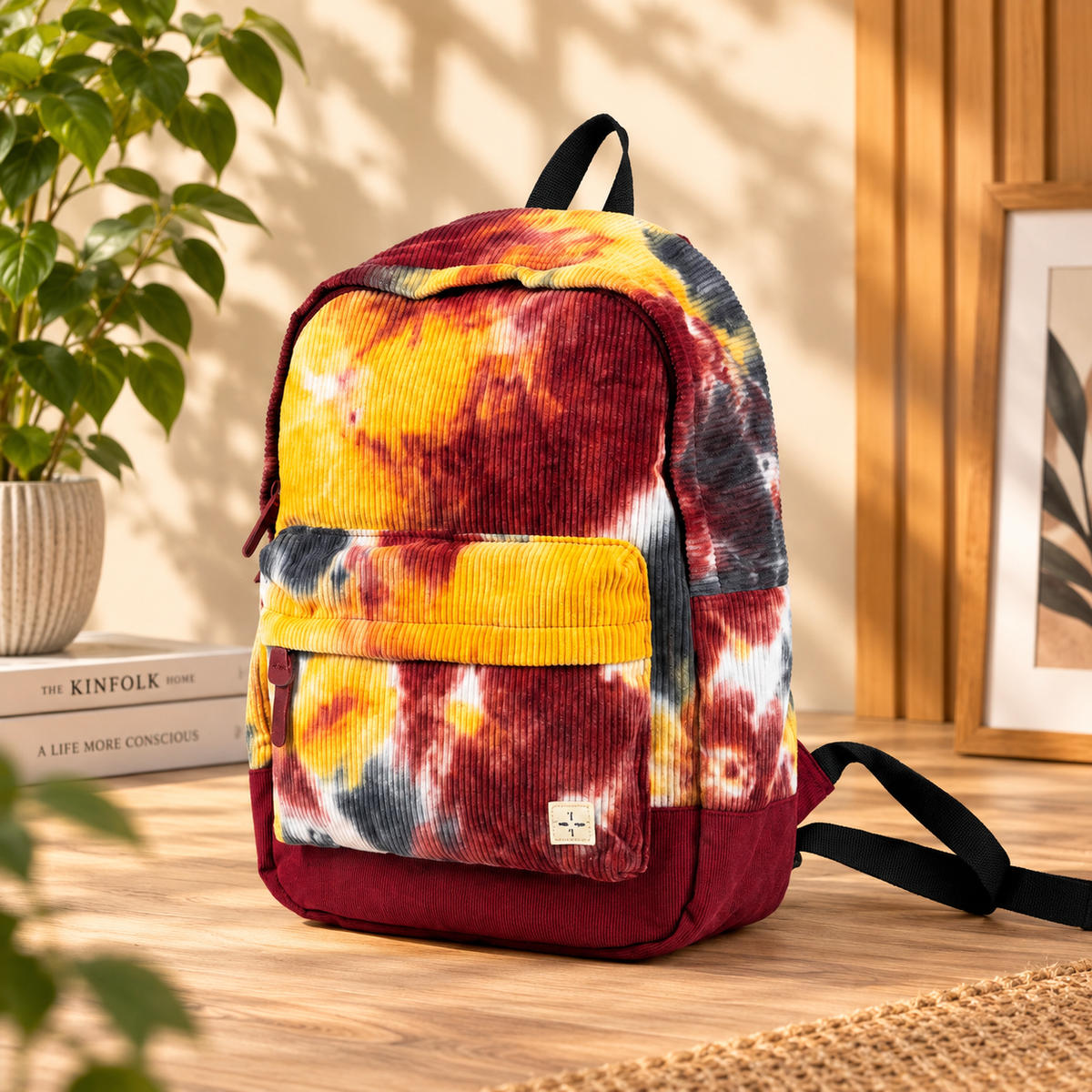 Retro Tie-Dye Corduroy Backpack – Multi-Color Earth Tone Daypack
