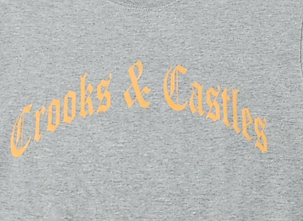 Crooks &amp; Castles Men’s Graphic Crewneck Sweatshirt – Heather Grey with Gold Gothic Script Logo