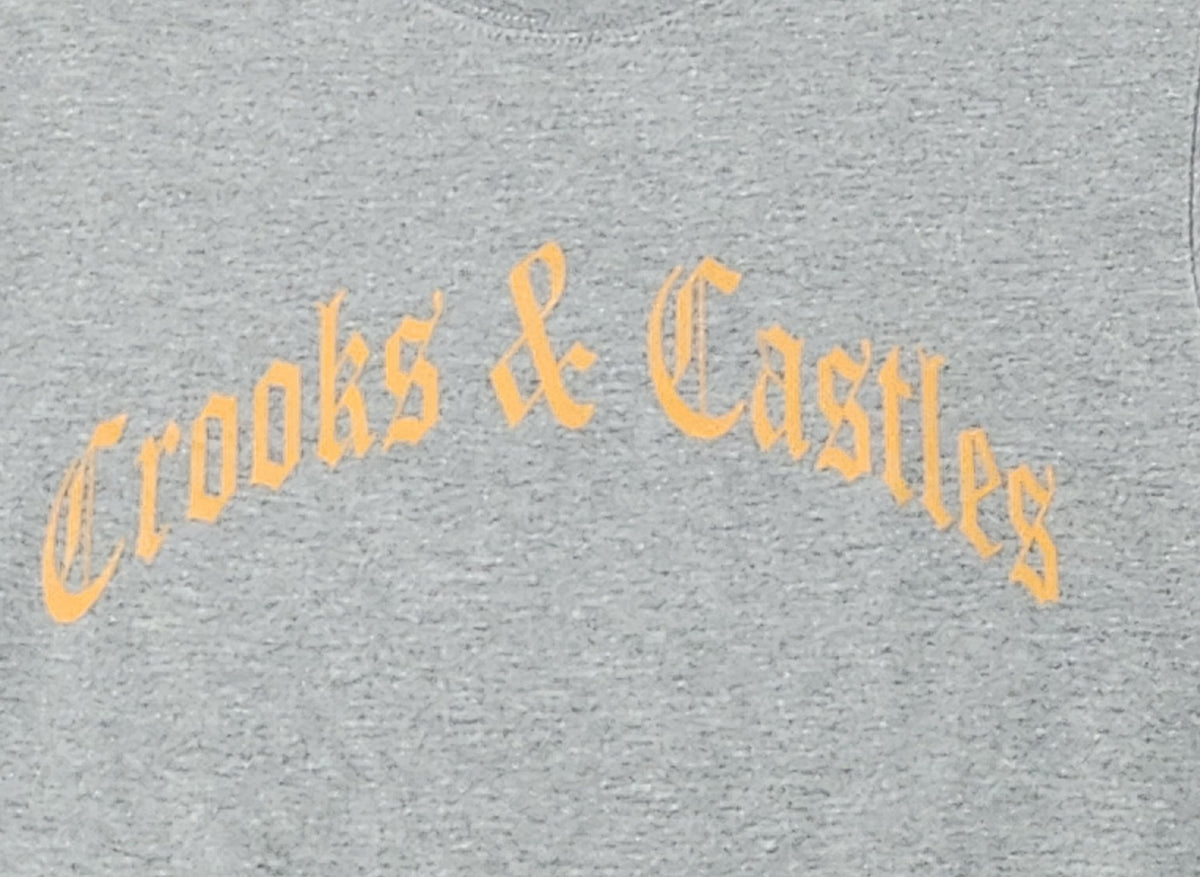 Crooks &amp; Castles Men’s Graphic Crewneck Sweatshirt – Heather Grey with Gold Gothic Script Logo