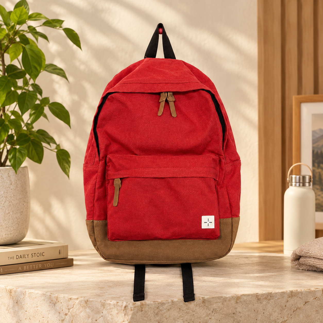 Sun + Stone Red Canvas Backpack with Leatherette Trim & Straps