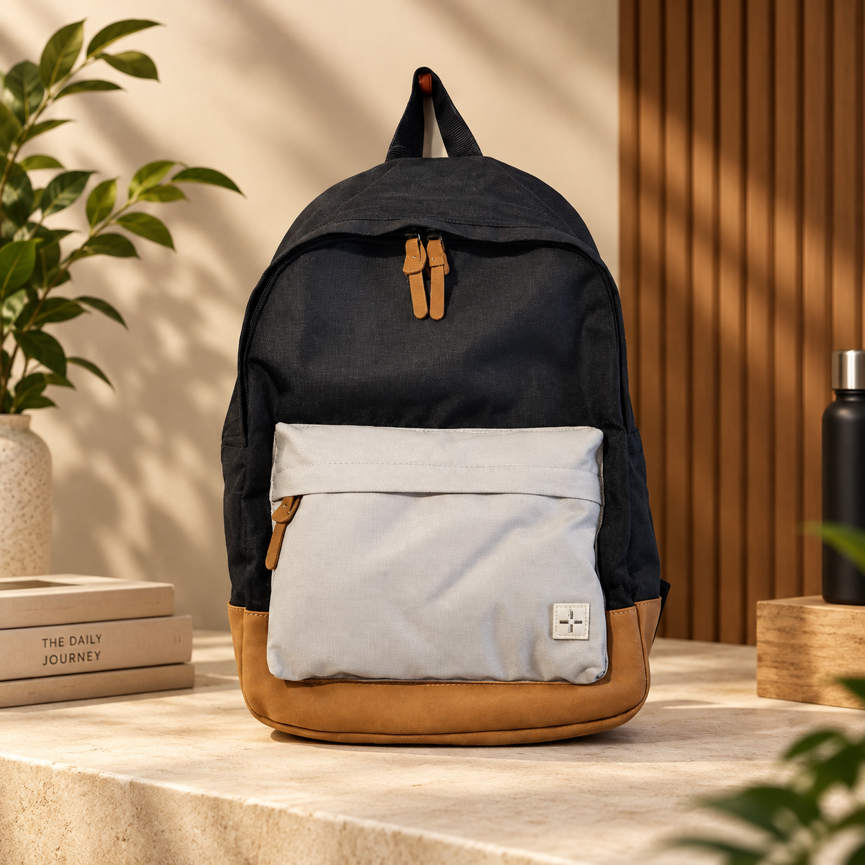 Sun + Stone Riley Canvas Colorblocked Backpack – Black/Grey/Brown