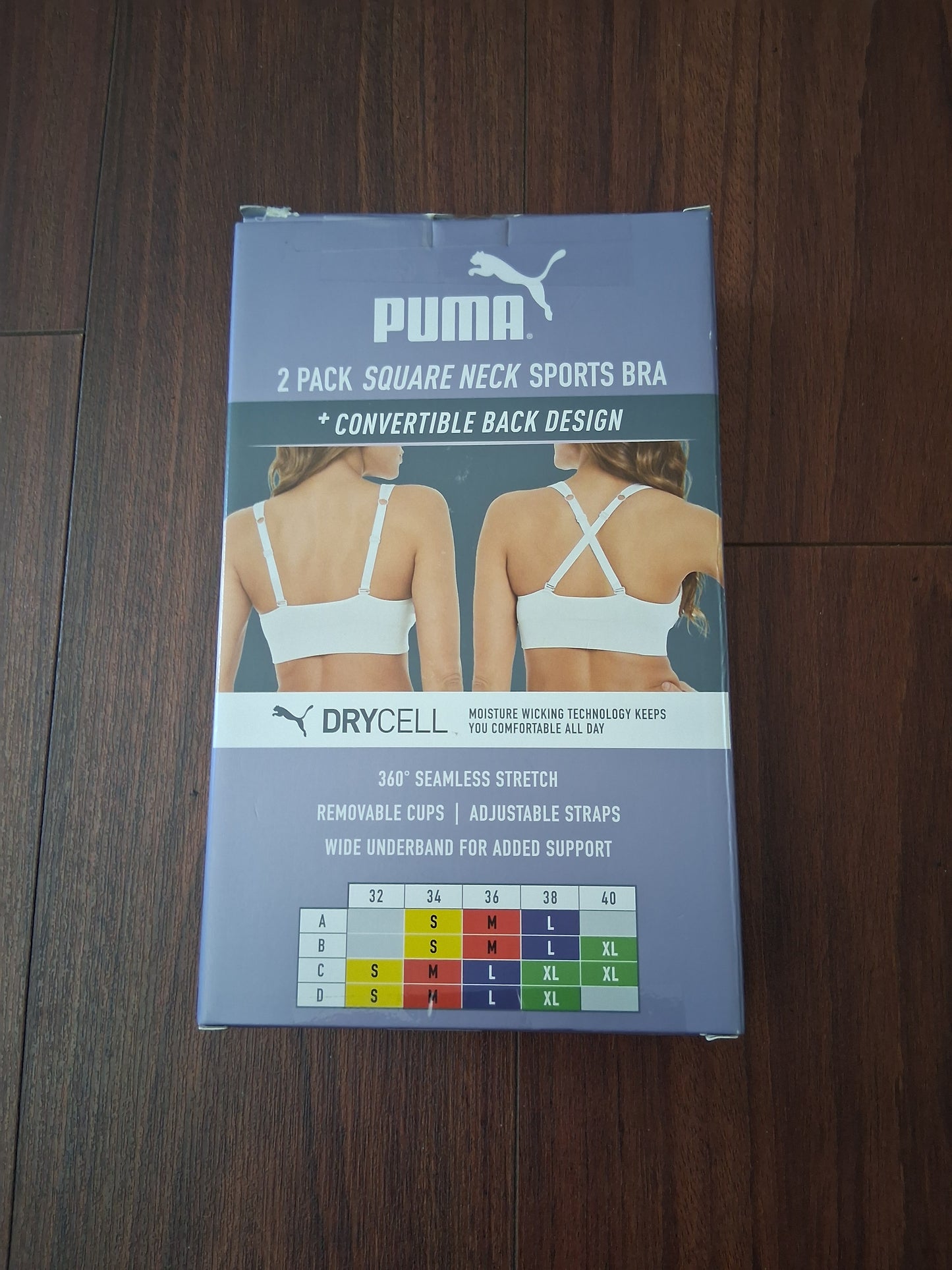 2 Pack Puma Square Neck Sports Bra Purple/White L